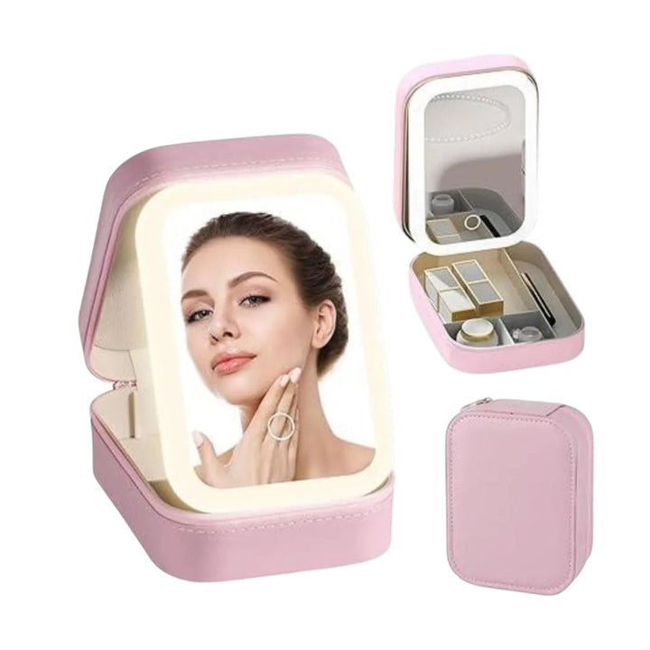Joyero Portatil Con Espejo LED Y Cosmetiquera