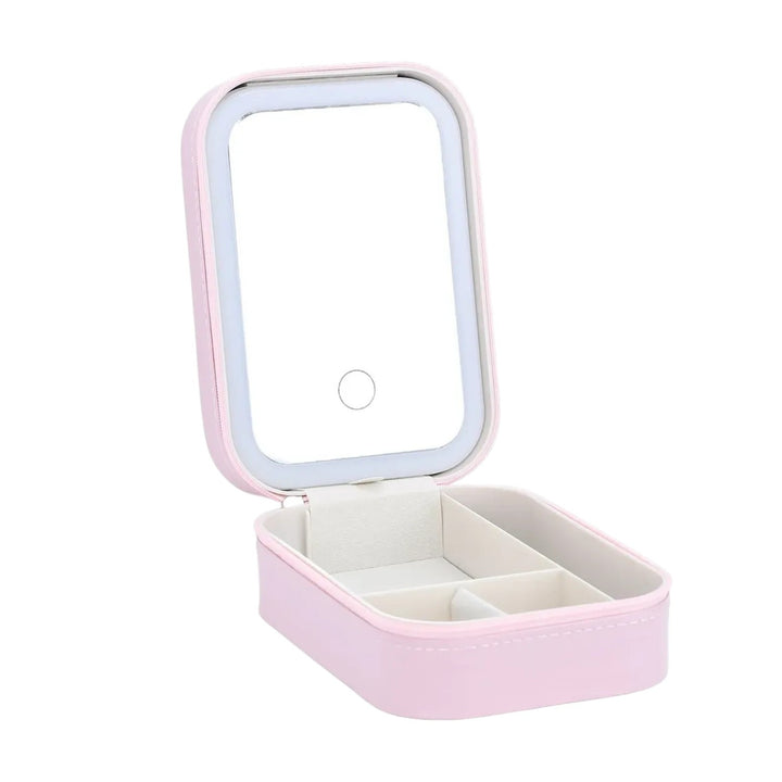 Joyero Portatil Con Espejo LED Y Cosmetiquera