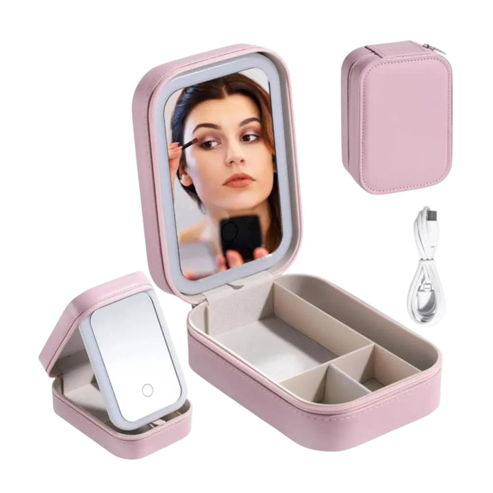Joyero Portatil Con Espejo LED Y Cosmetiquera
